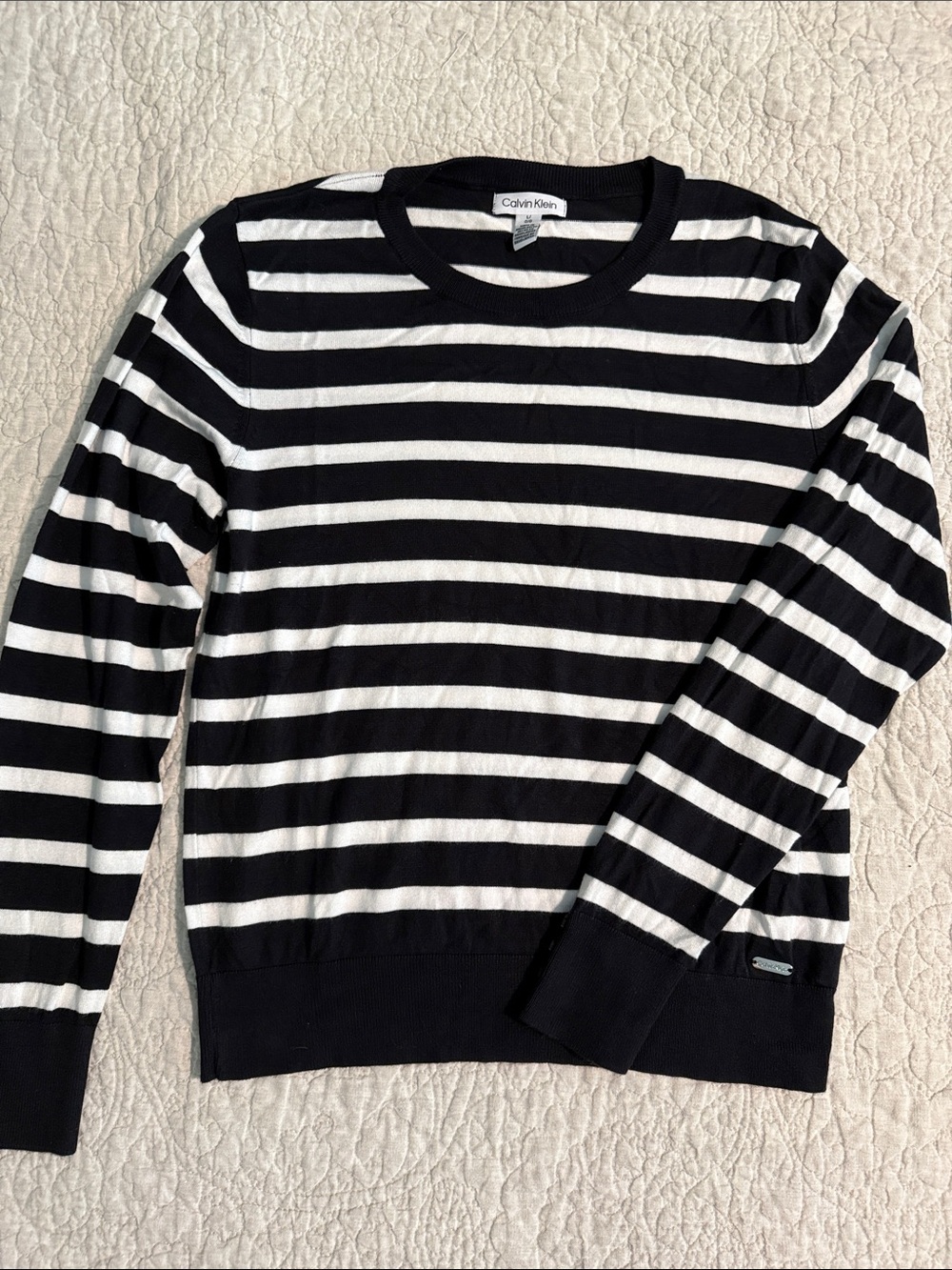 Calvin Klein Woman’s Lightweight Black and White Striped Crewneck Sweater, Sz L